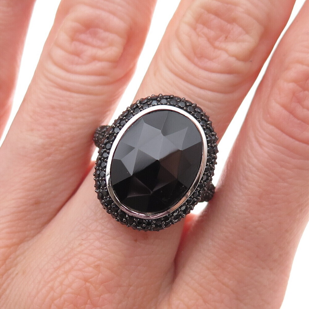 925 Sterling Silver Vintage Real Black Onyx & Black Spinel Ring Size 6.25